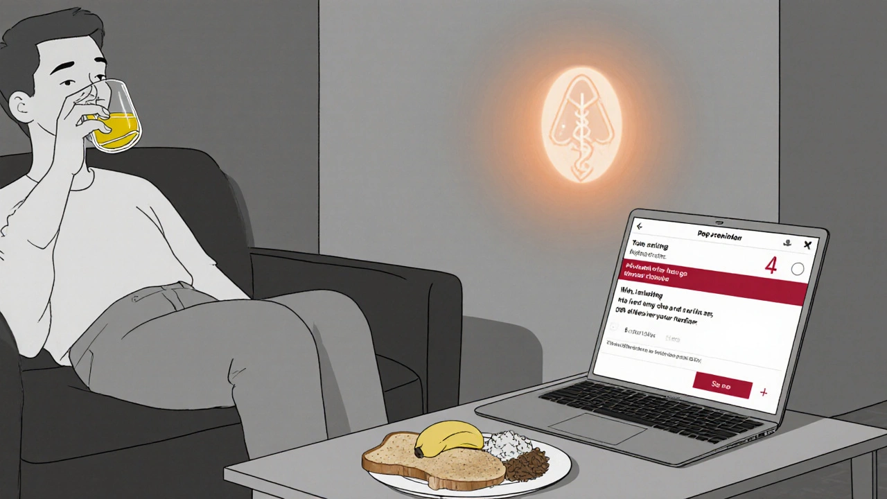 Person at home drinking water, eating bland food, with a reminder and medical alert symbol.