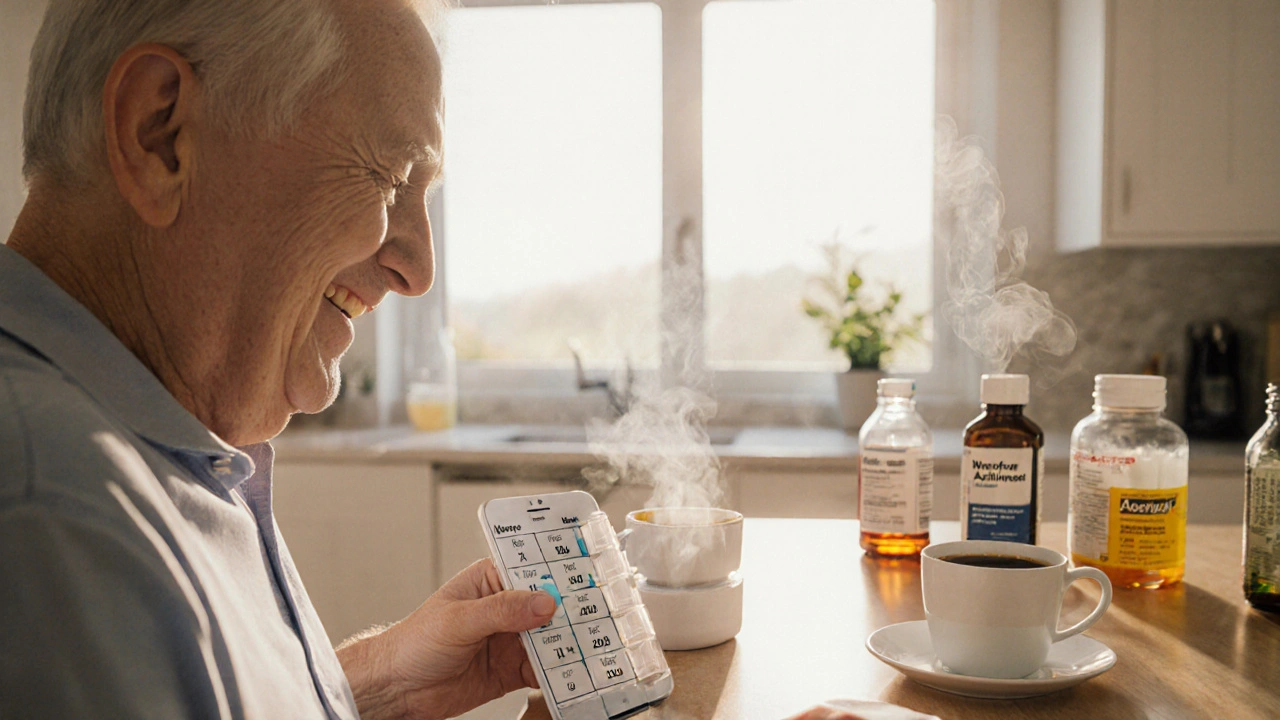 Person at kitchen table using a pill organizer and phone reminder with other meds nearby.