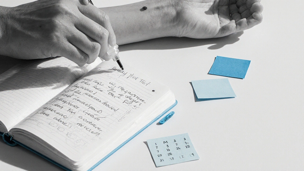 Person patch testing benzoyl peroxide on forearm with journal and calendar notes.