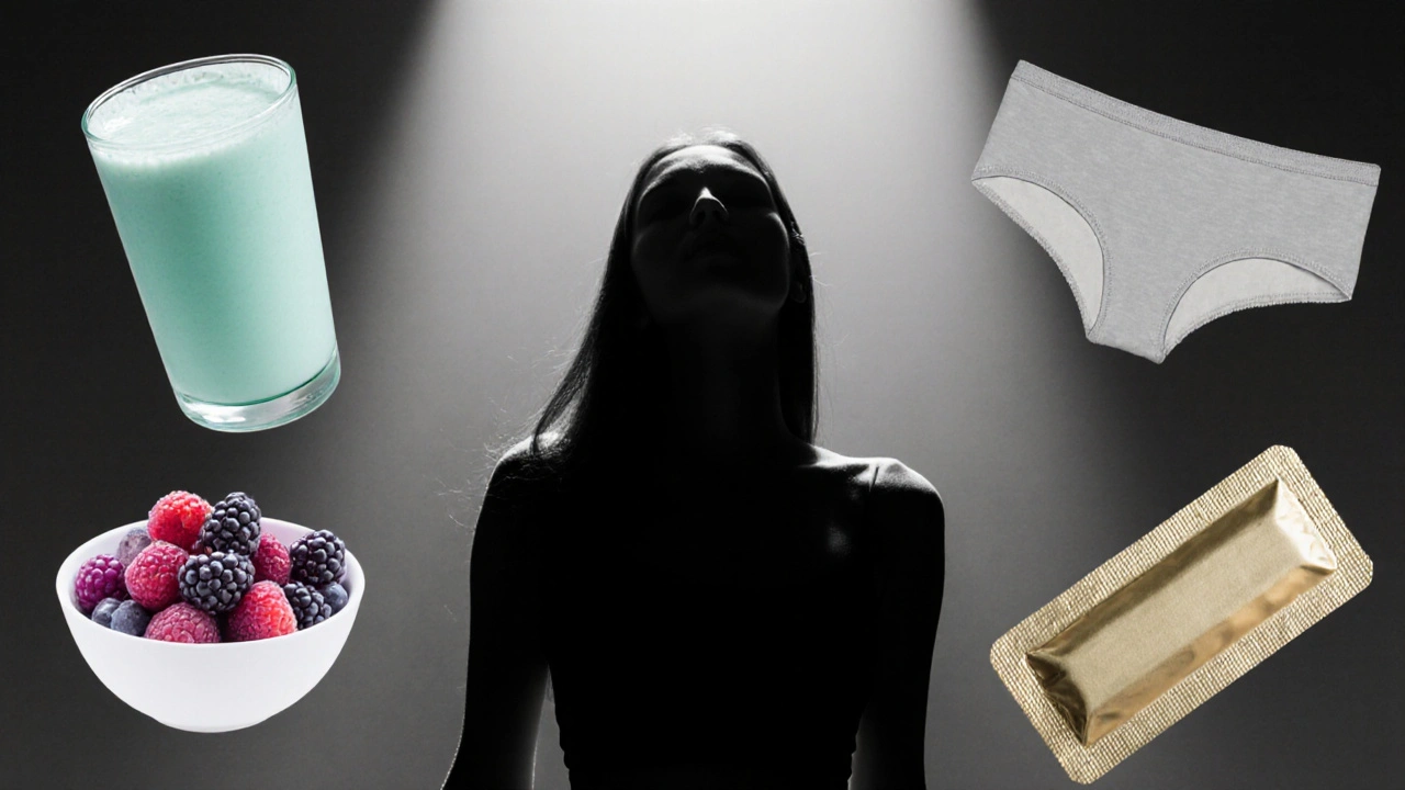 Silhouette of woman surrounded by teal kefir, magenta berries, gray underwear, gold condom.
