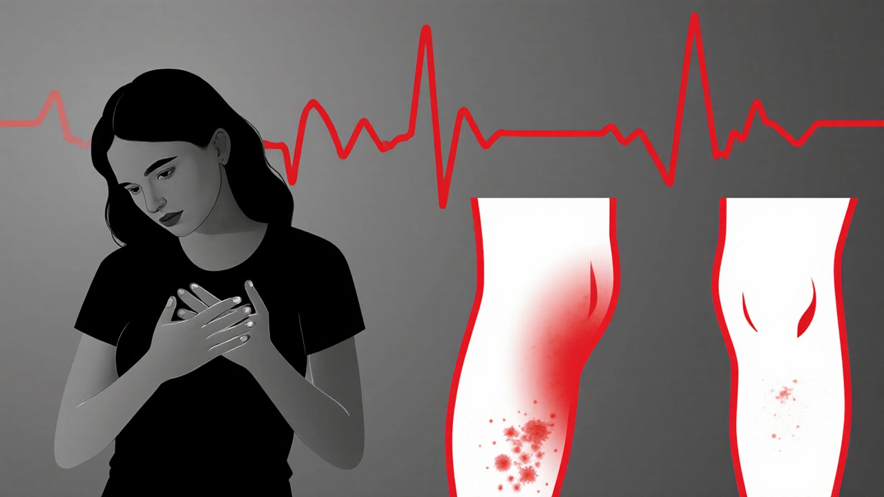 Silhouette showing chest pain, swollen leg, and rash in red.