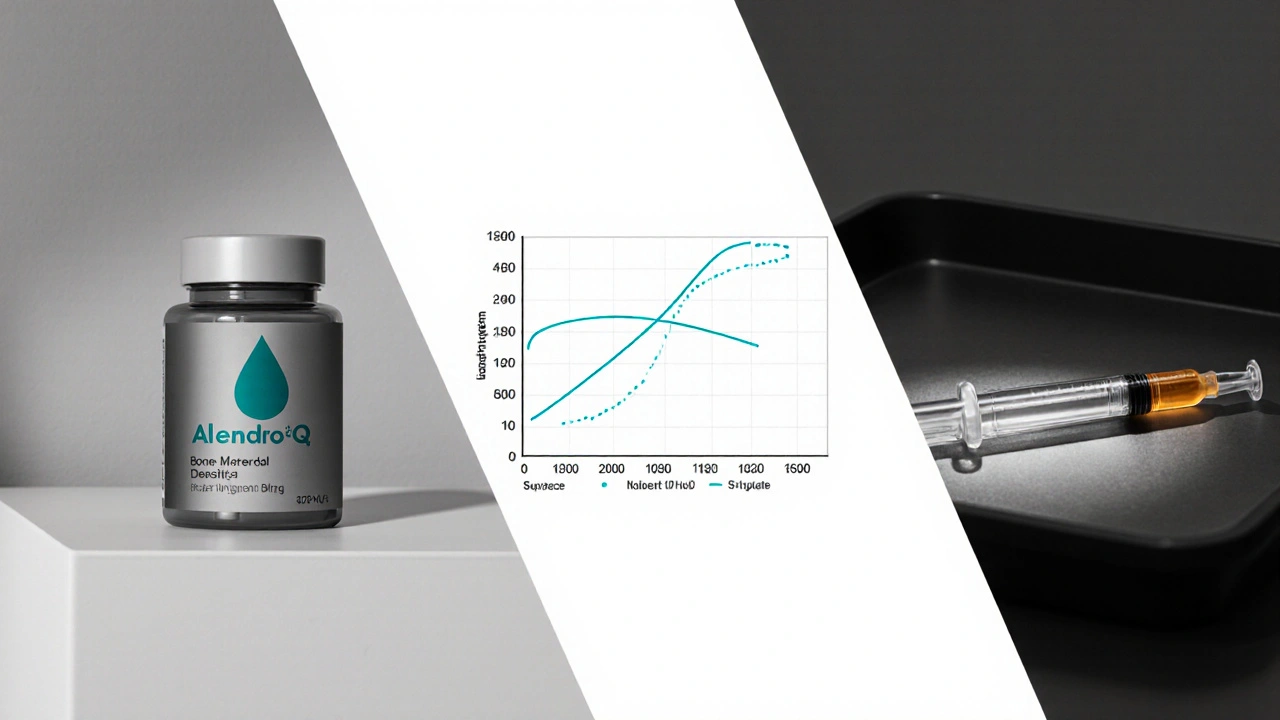 Split view of Alendro‑Q pill bottle and injection syringe with highlighted bone density curve.