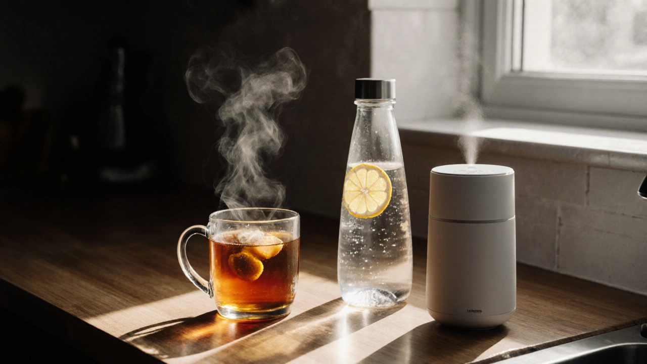 Steam from tea, water bottle, and humidifier on a kitchen table.
