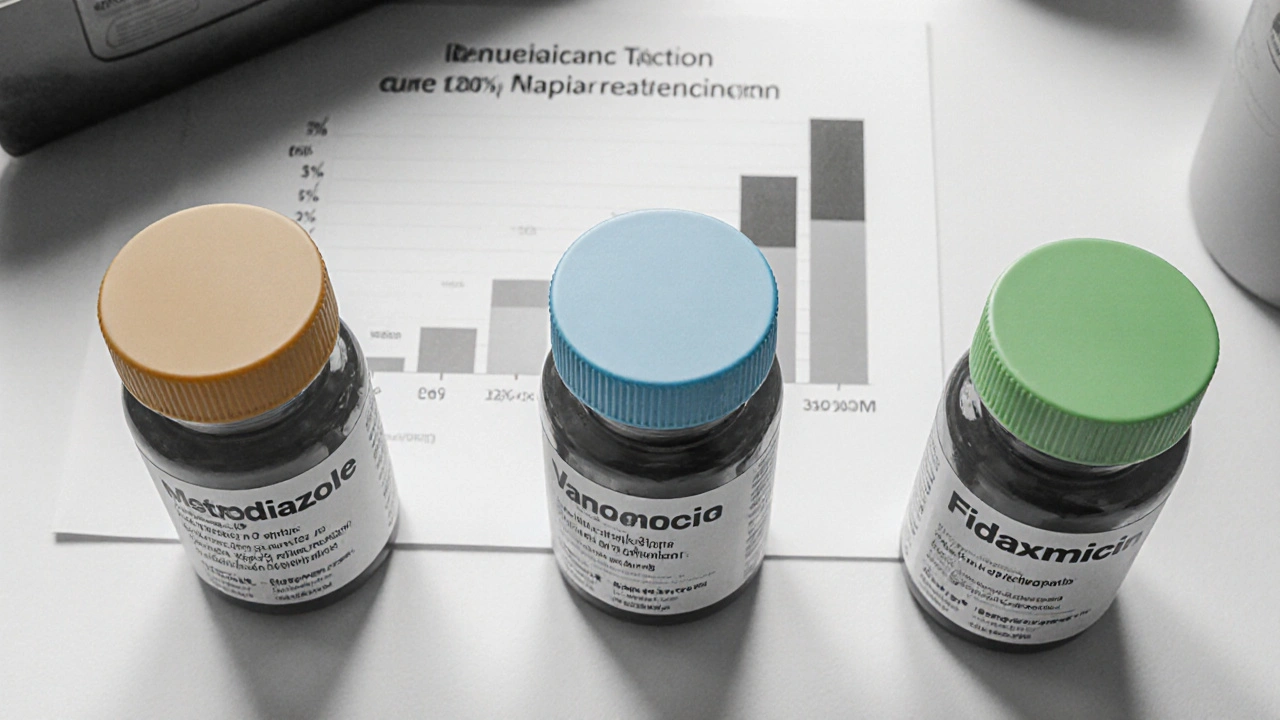 Three antibiotic bottles with limited color accents and a faint chart of cure rates on a desk.