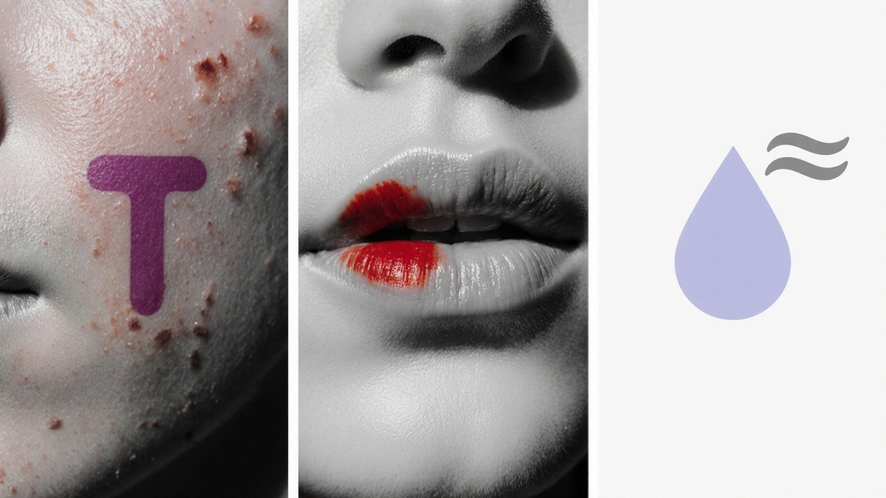 Three panels showing acne, cold sore, and canker sore with muted hormone icons.