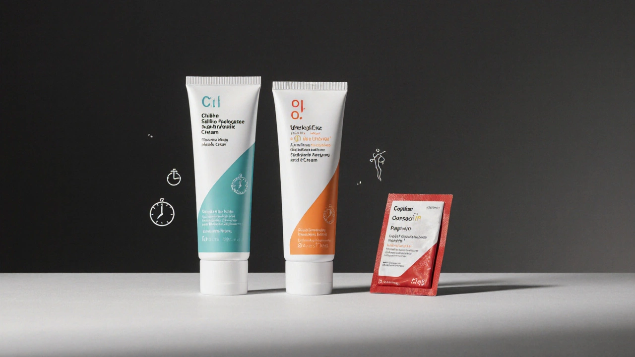 Three topical analgesic containers displayed side by side on a dark table, each with a subtle color accent indicating different products.