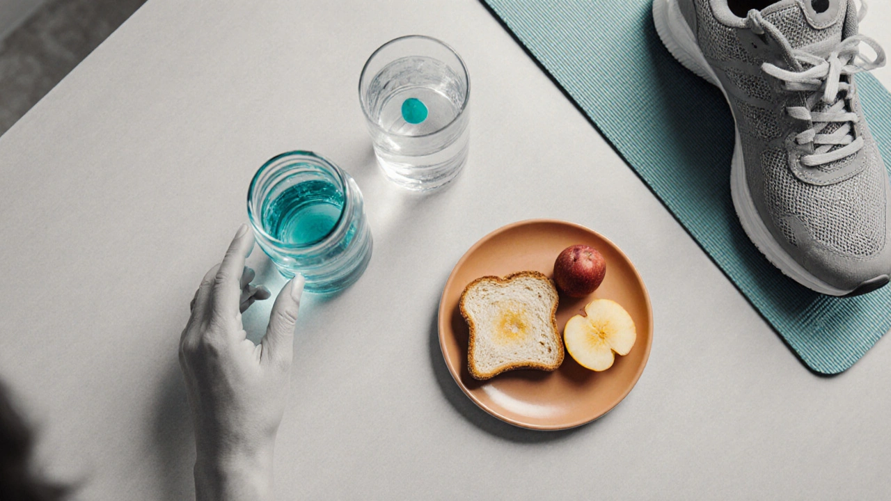 Woman drinking water, taking pill with food, and walking shoes.