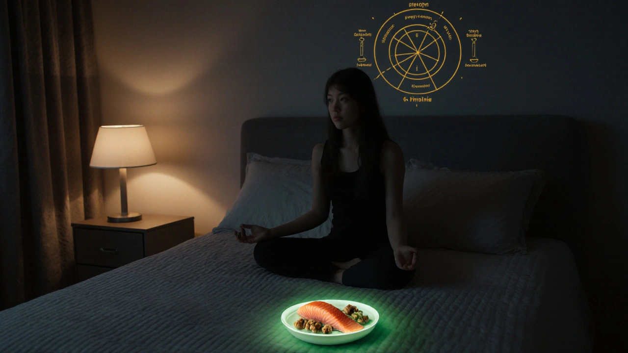 Woman meditating in a bedroom with healthy food and subtle hormone balance symbols.