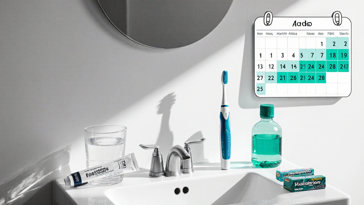 Bathroom sink scene with toothbrush, fluoride toothpaste, water glass, and green mouthwash bottle.