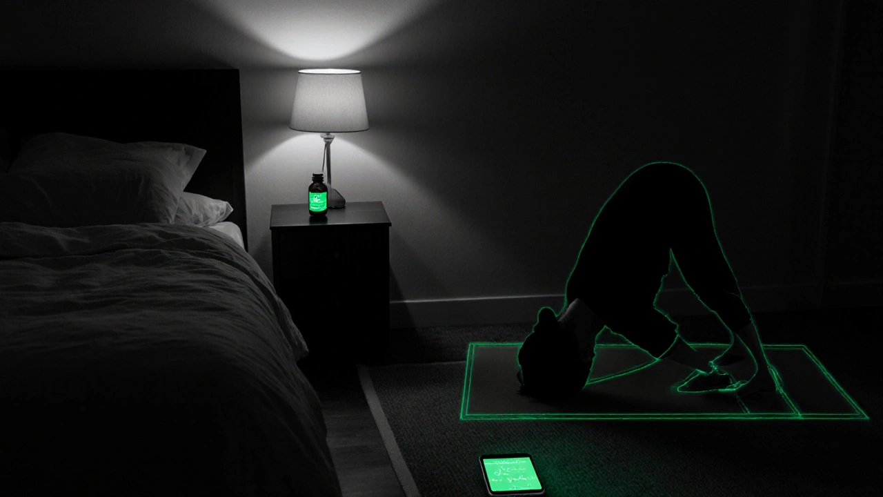 Calming bedroom scene with green accents for melatonin, yoga, and mindfulness.