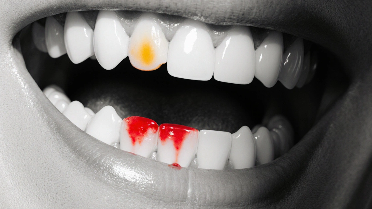 Close‑up of a mouth showing red gum bleed and yellow cavity spot in grayscale.