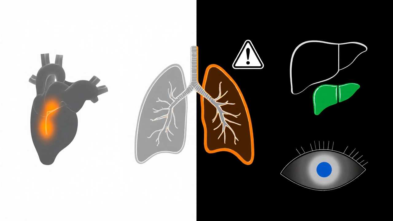 Collage of thyroid, lung, liver, eye in grayscale with amber, orange, green, blue highlights.
