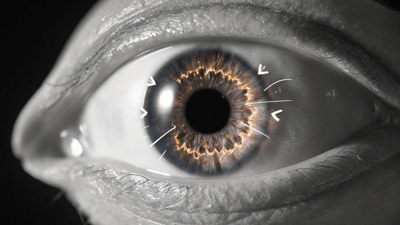 Cross‑section of an eye highlighting amber alpha‑2 receptors and fluid flow.