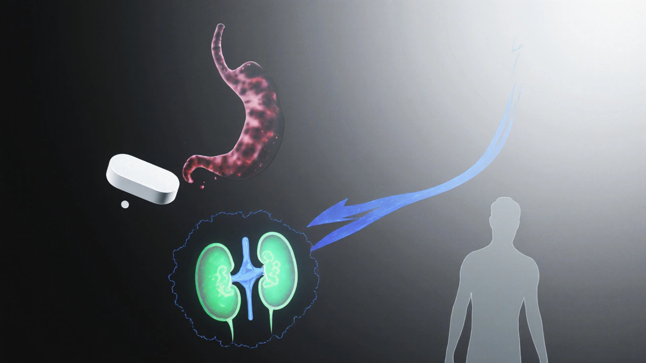 Cross‑section view of a tablet being absorbed, traveling through bloodstream to kidneys.