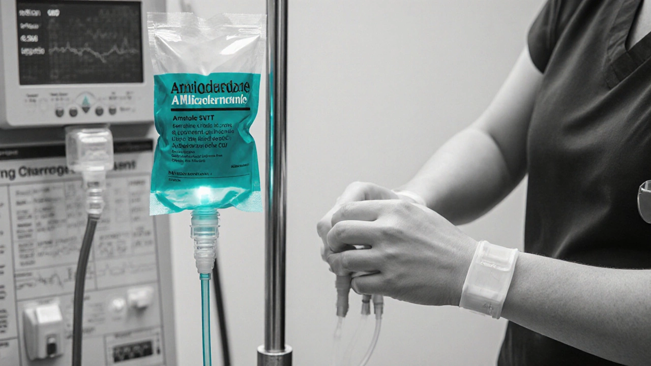 Emergency room scene with gray tones, teal IV bag delivering Amiodarone.