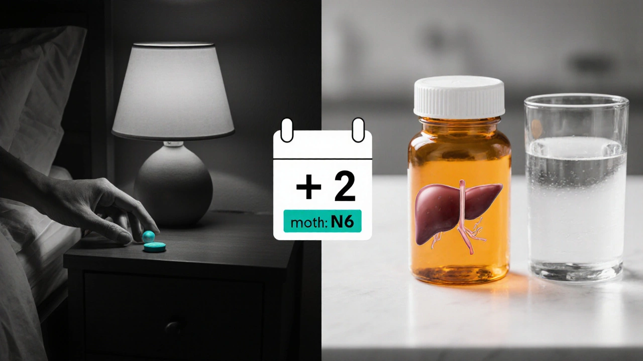 Evening and morning scene showing timed separation of atorvastatin and vitamin B6 with amber and teal accents.