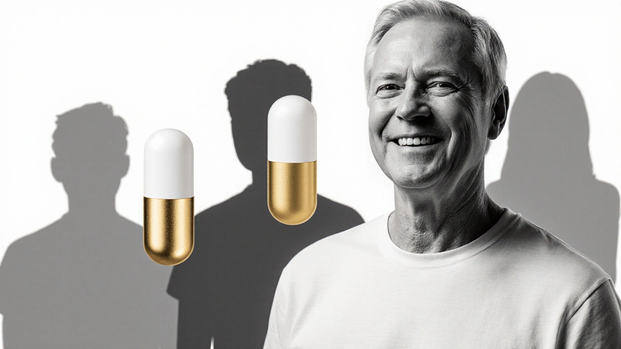 Four pill silhouettes with one highlighted, showing a person alert while others appear sleepy.