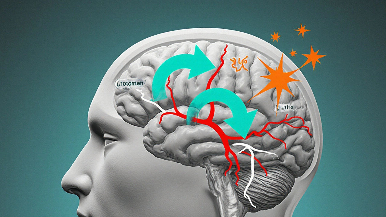 Gray anatomy diagram showing red inflammation and orange cortisol spikes.