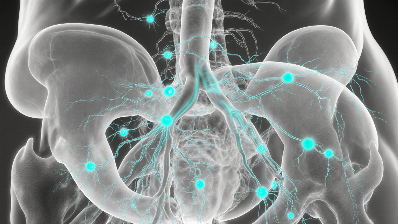 Gray bladder illustration with teal lines showing Abduce dampening nerve signals.
