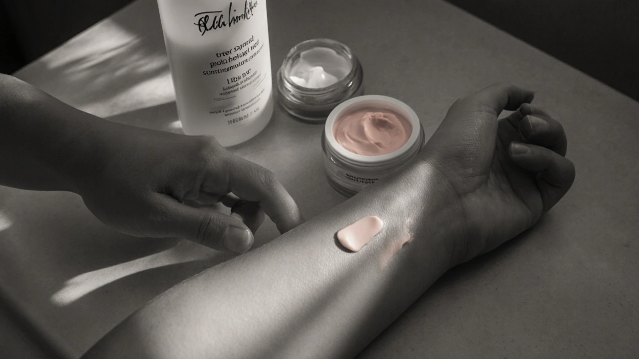 Hand applying cream with sunscreen and moisturizer in a soft rose tint.