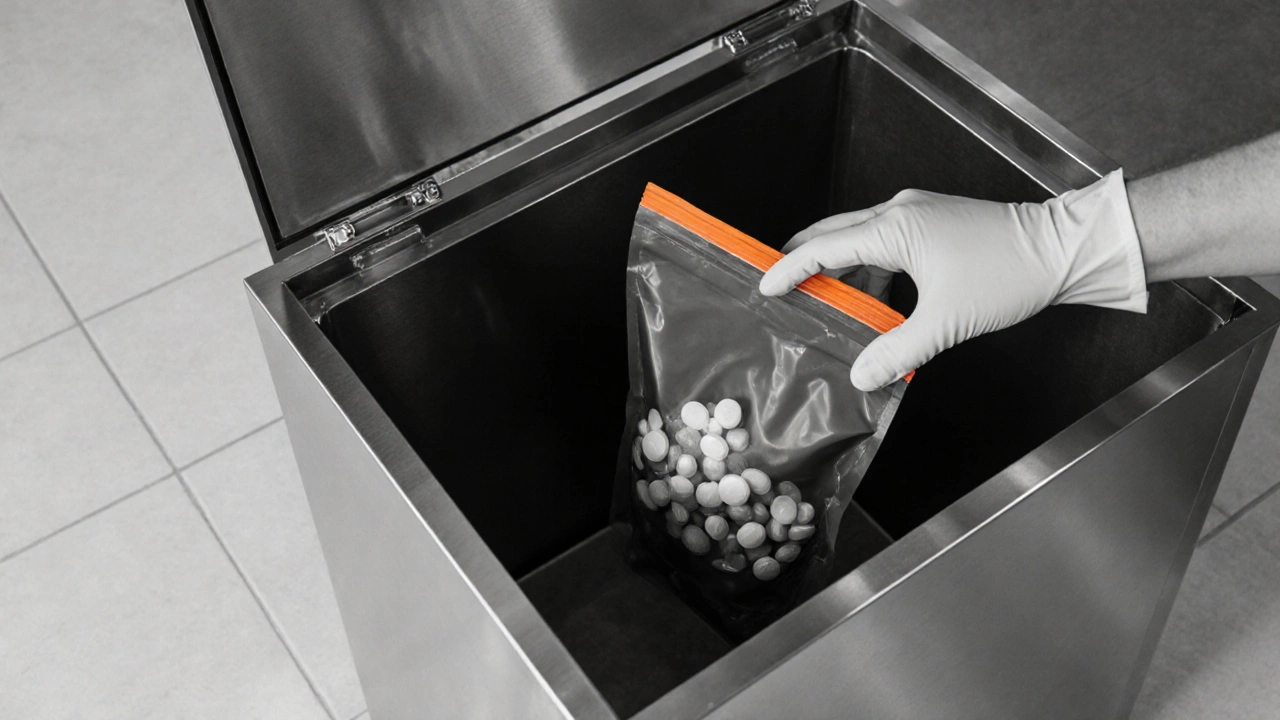 Hand placing a sealed bag into a pharmacy take‑back drop box.
