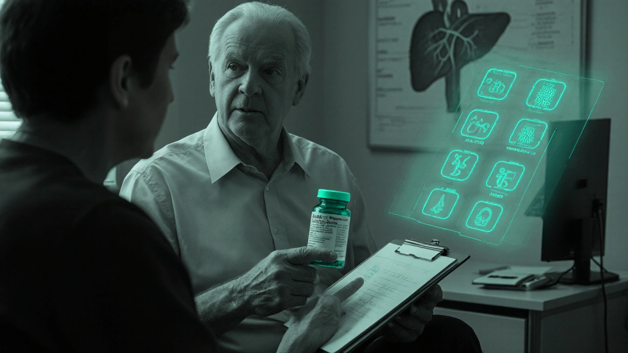 Patient and doctor reviewing liver and muscle test results while holding atorvastatin bottle, with soft green highlights.