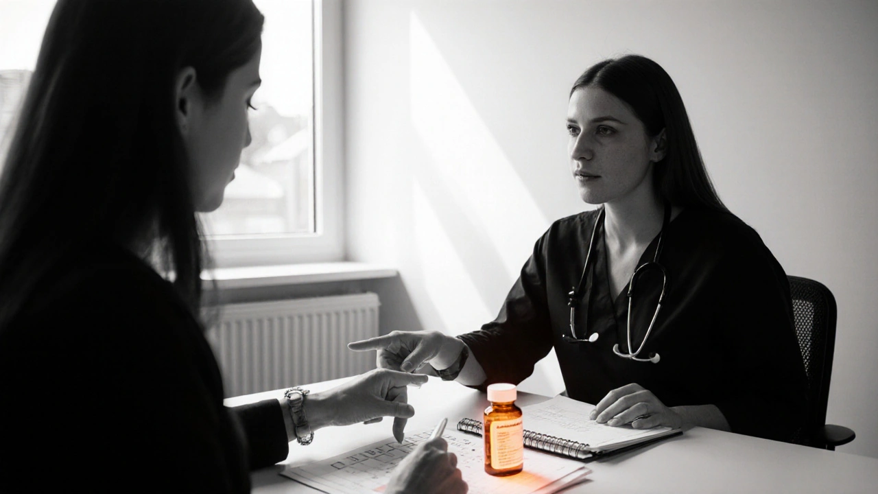 Patient and urologist in clinic, amber‑lit Abduce pill bottle on table, indicating hope.
