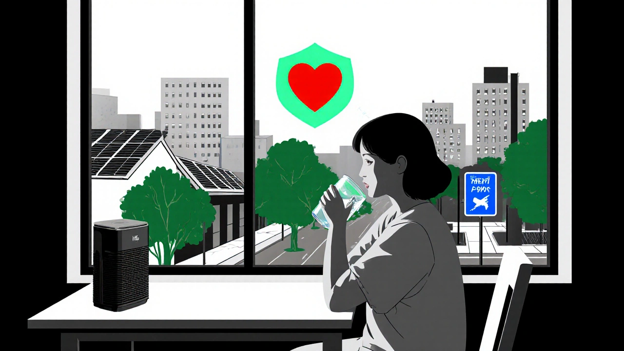 Person using HEPA filter near a green, solar‑panelled city with a protected red heart.