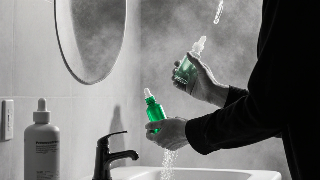 Person washing hands and applying green‑accented preservative‑free eye drops.