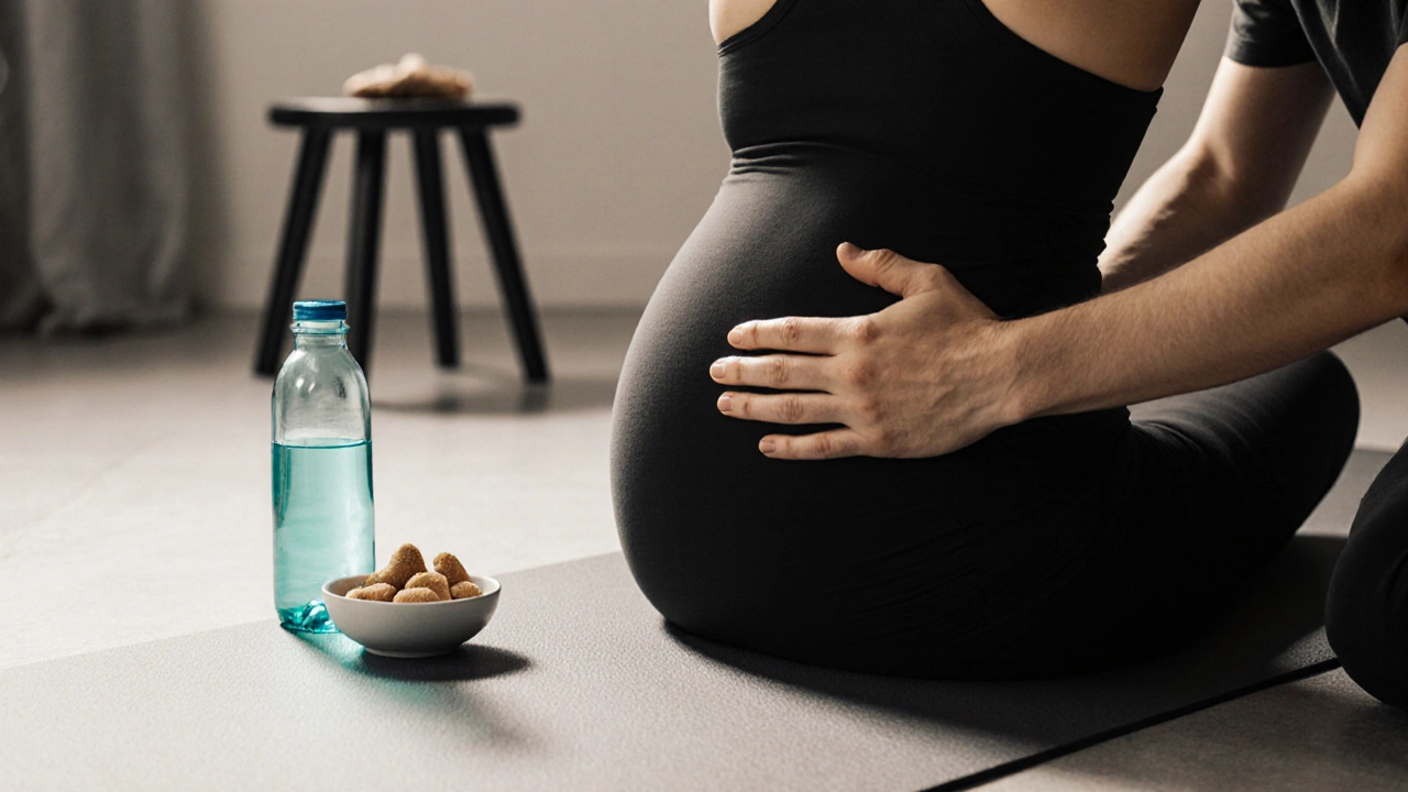 Pregnant woman doing yoga with partner's supportive hand and water bottle.
