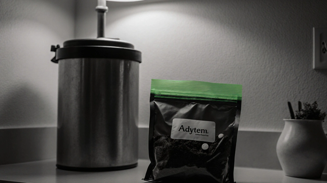 Sealed black bag with coffee grounds and tablets beside a trash can.