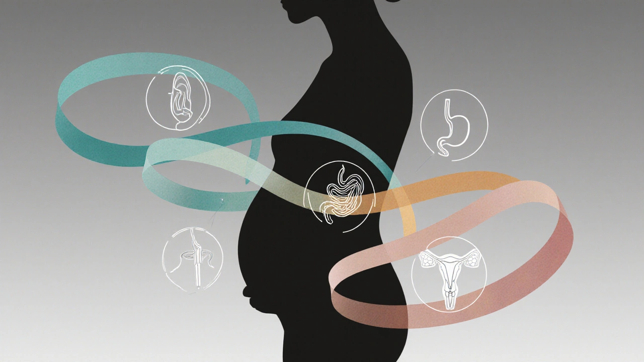 Side profile of pregnant figure with colored ribbons showing hormones.