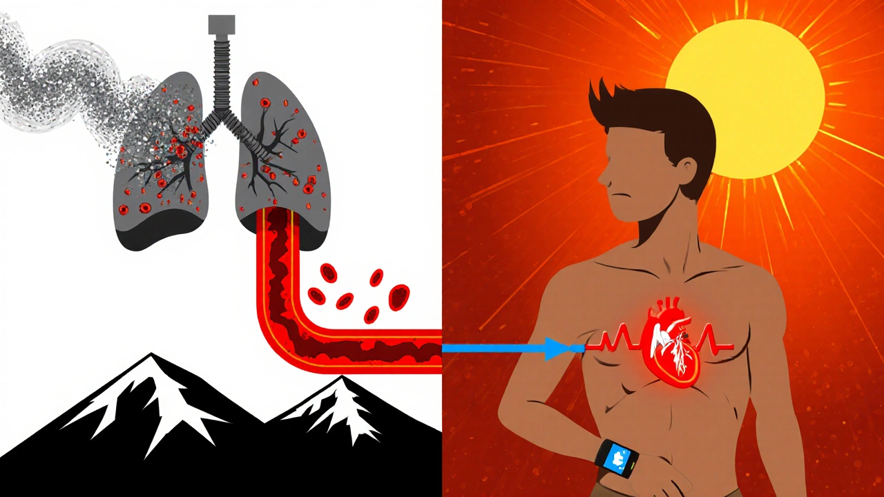 Split scene of pollutants entering lungs and heat stressing a red heart.