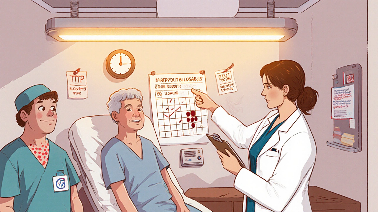 A nurse and doctor reviewing blood test results for a ticlopidine patient in a 1990s hospital.