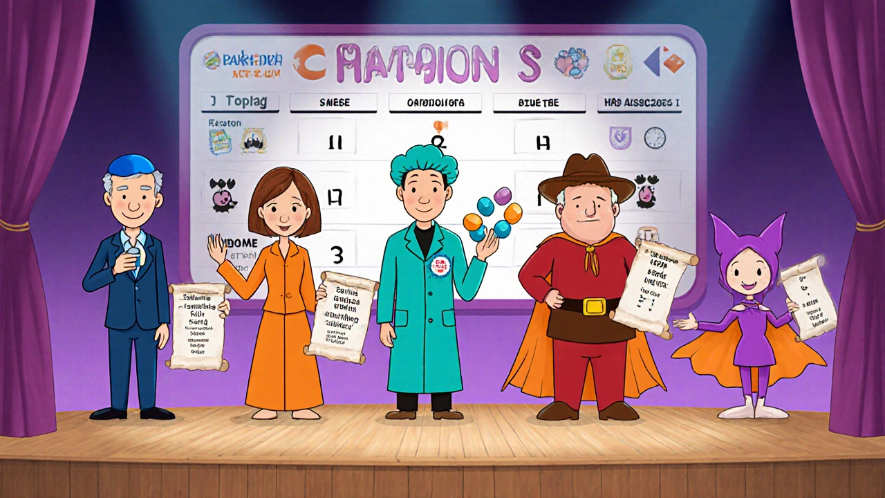 Cartoon characters representing five Parkinson’s drugs showing key attributes on a stage.