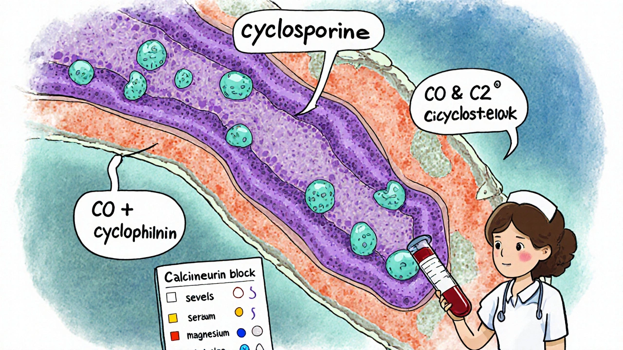 Cartoon cross‑section of kidney showing constricted arterioles, swollen tubules, and a nurse drawing blood.