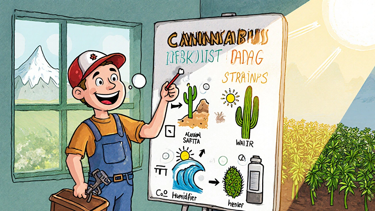 Cartoon grower using a checklist to match cannabis strains to various climates and adjusting equipment.