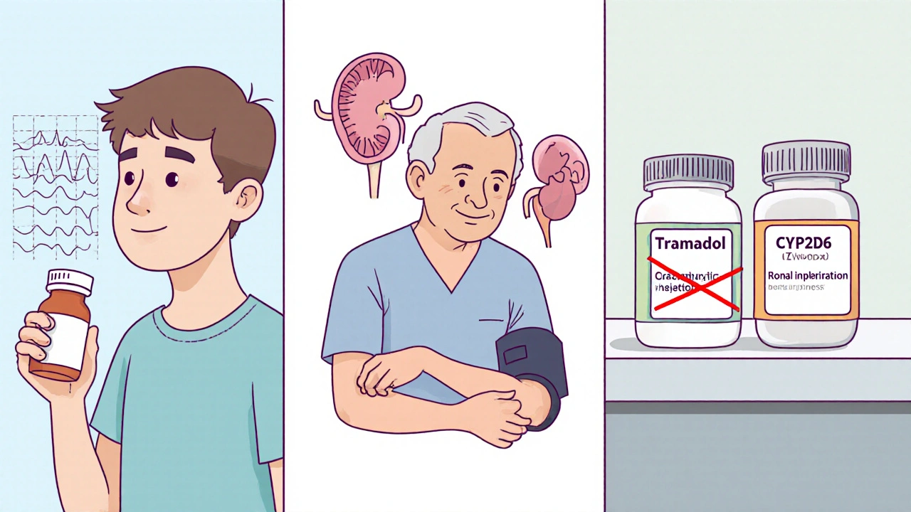 Cartoon showing three high‑risk groups: seizure history, elderly with kidney issues, and drug interaction.