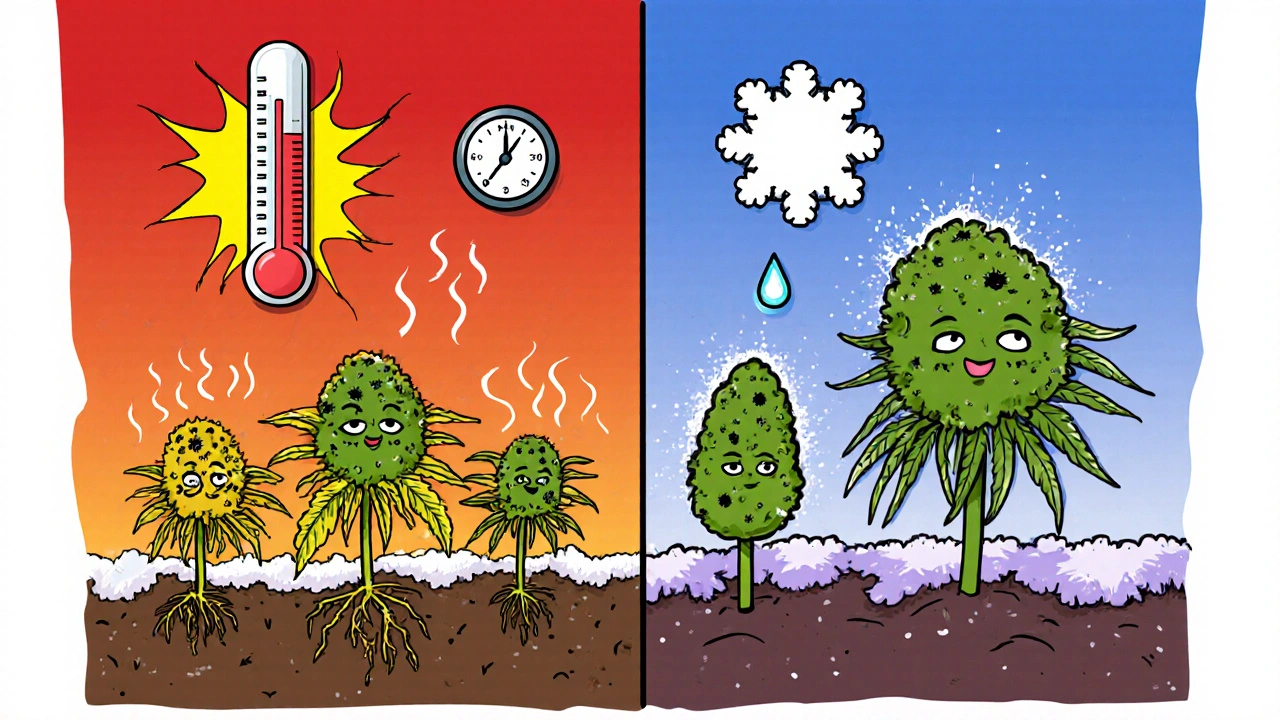 Cartoon split panel showing cannabis plants under heat vs cold and humid vs dry conditions.