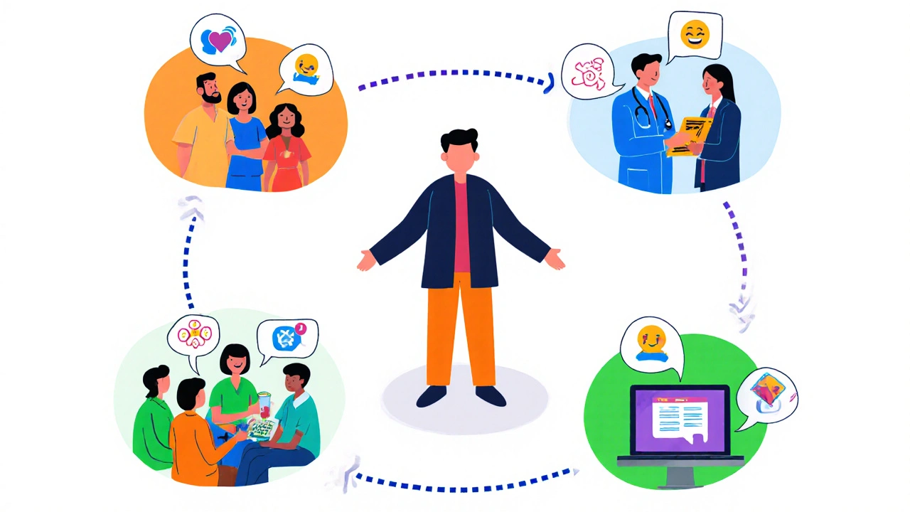 Collage showing patient surrounded by family, doctor, peers, and online community support.