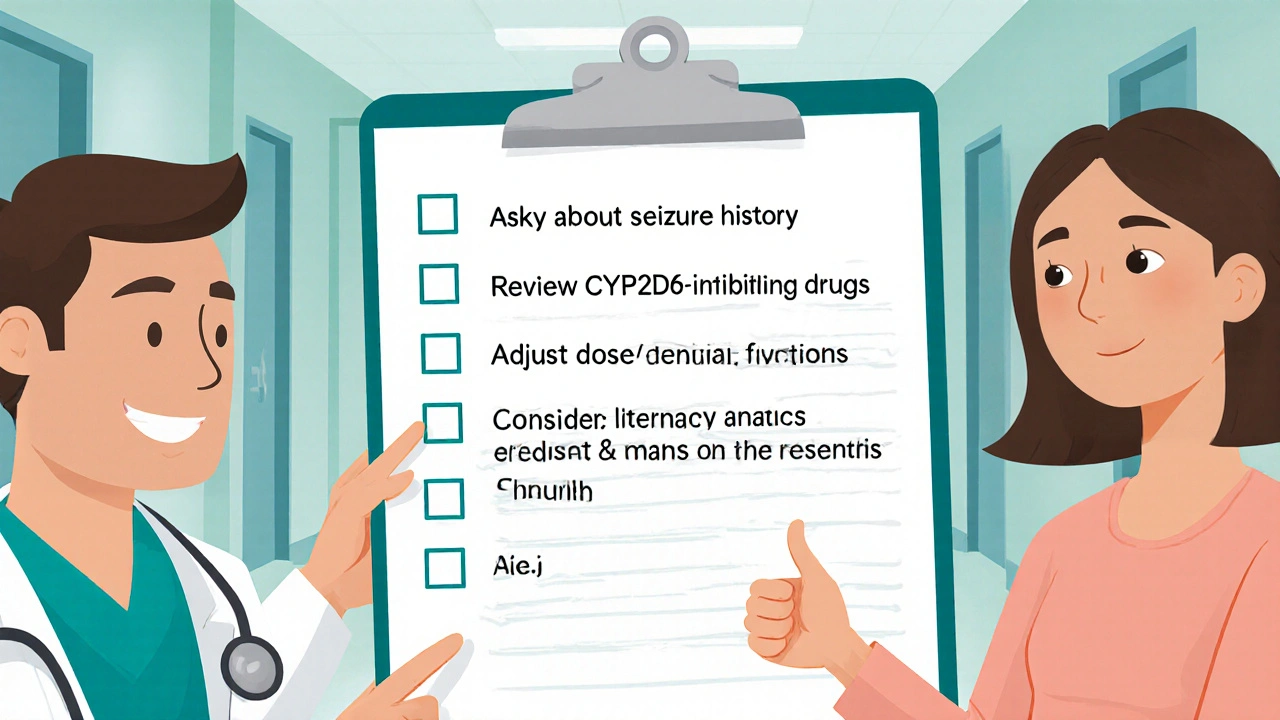 Doctor holding a checklist of safety steps for tramadol use.