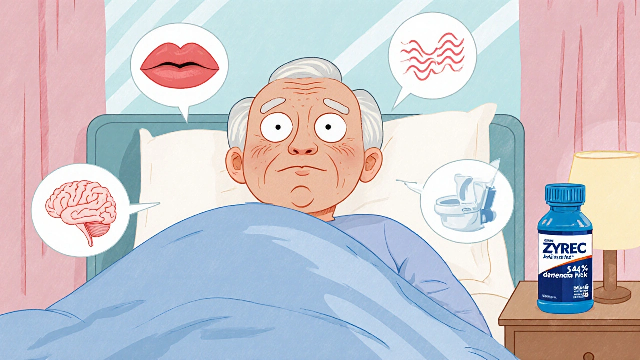 Elderly person waking confused, surrounded by symbols of anticholinergic side effects