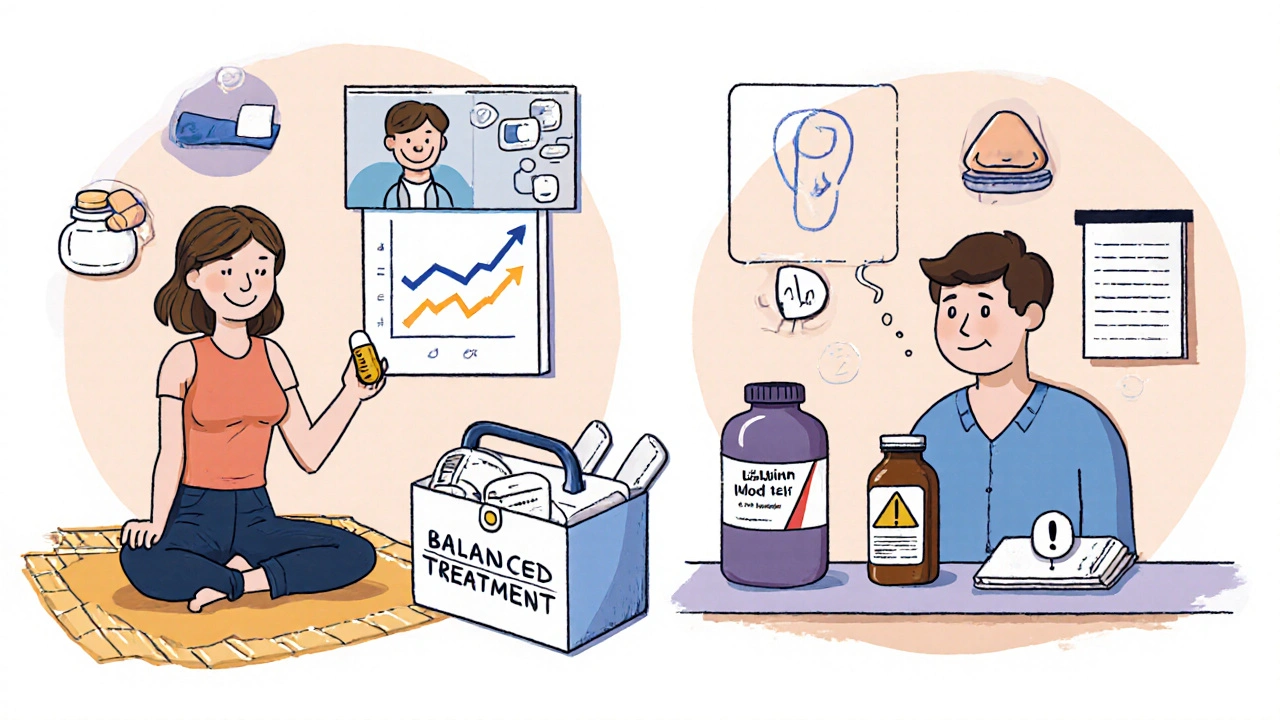 Emma practicing yoga with omega‑3; Mark facing St. John’s Wort warning; toolbox of treatments.