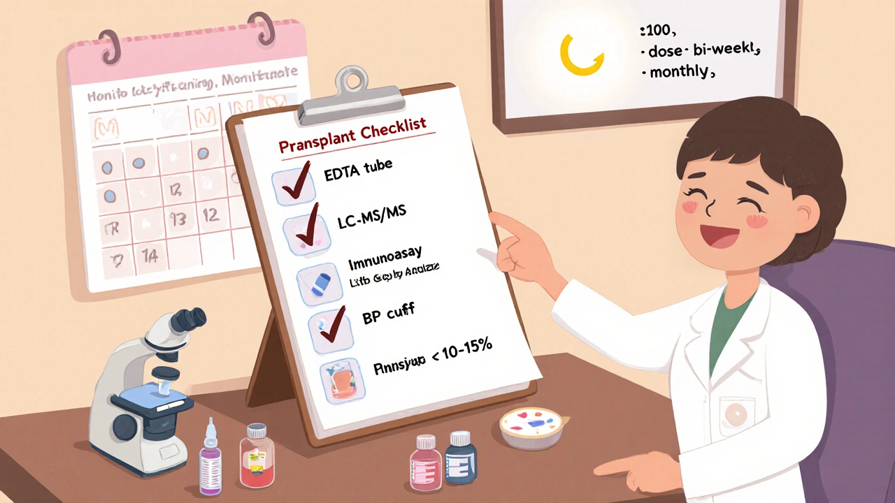 Hand‑drawn checklist on a desk with icons for labs, meds, and dose adjustments for transplant monitoring.
