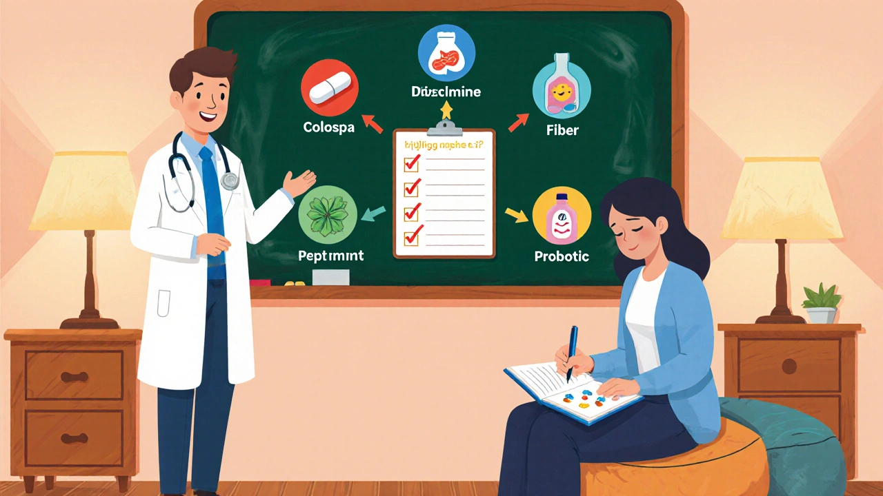 Illustrated scene of a patient reviewing treatment options with a doctor and diary.