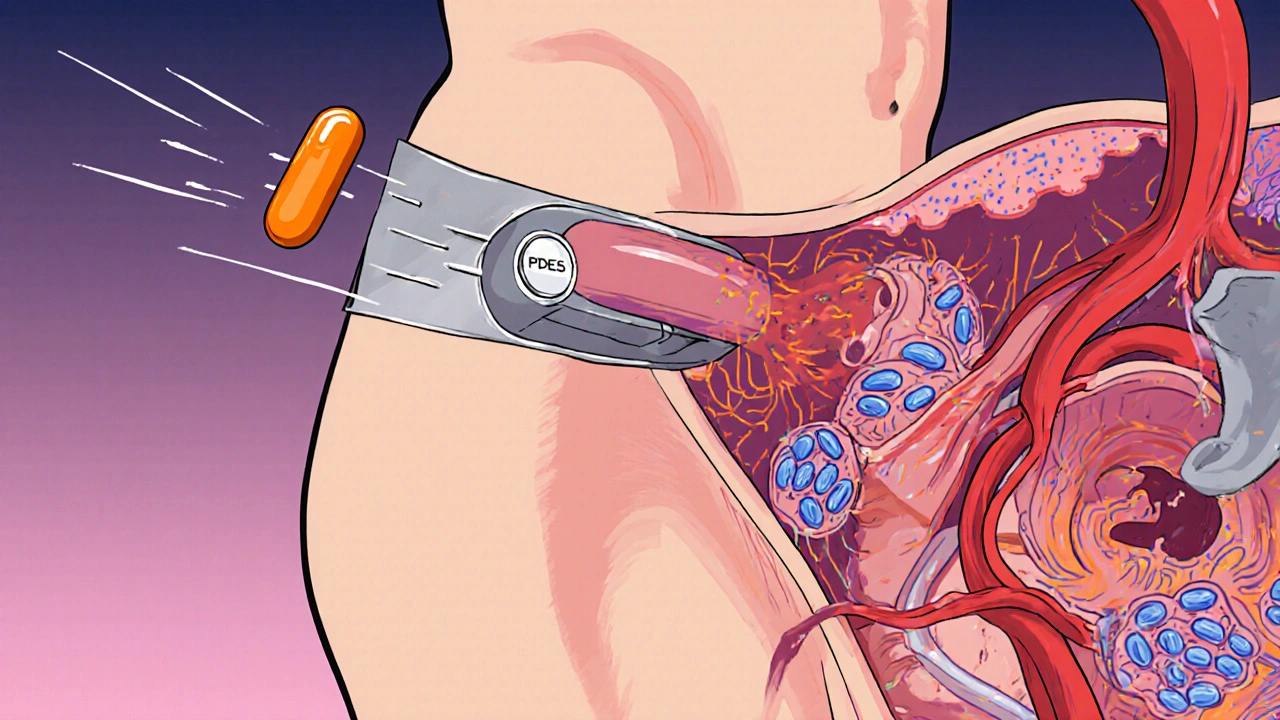 Illustration of a Tadalafil molecule unlocking blood flow in the penis.