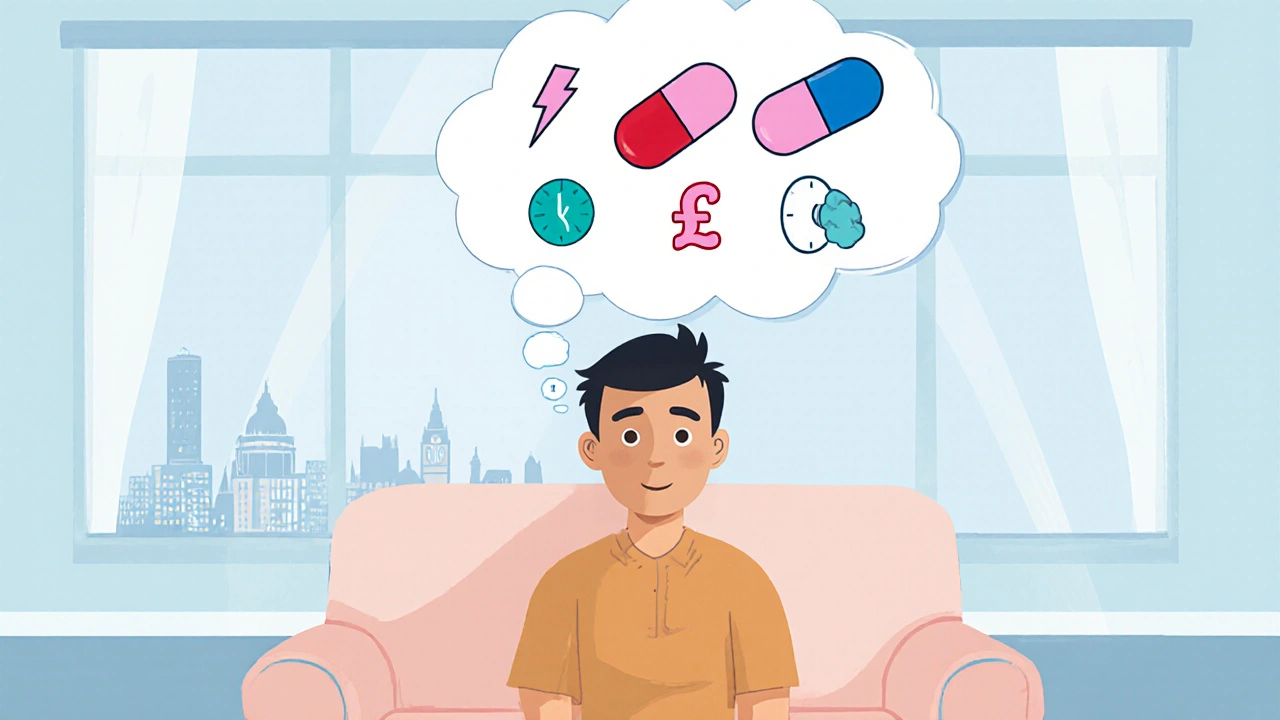 Man on a couch contemplating four pills with icons for their benefits.