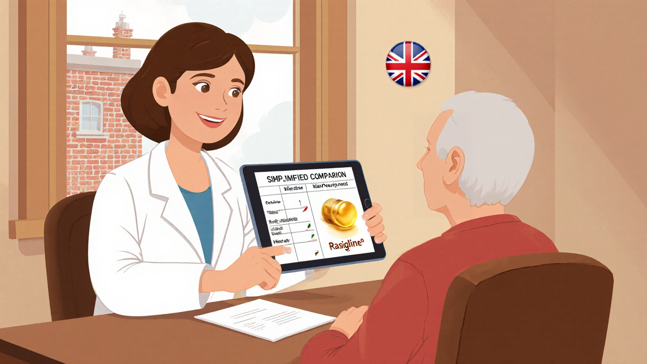 Neurologist consulting an older patient, highlighting Rasagiline on a screen.