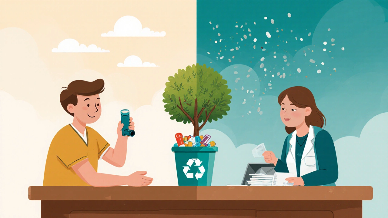 Patient returns used inhaler at pharmacy while a tree grows from recycled devices.
