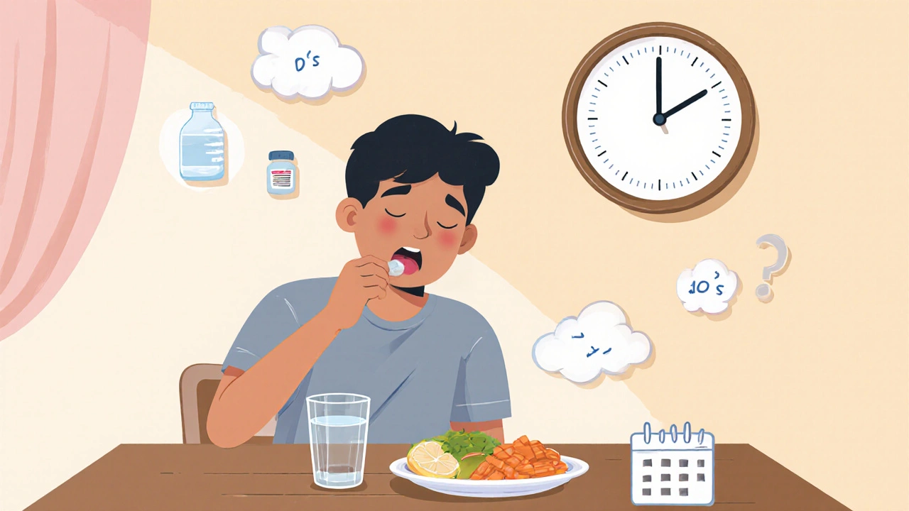 Person taking a pill with water and food, clock indicating regular schedule.